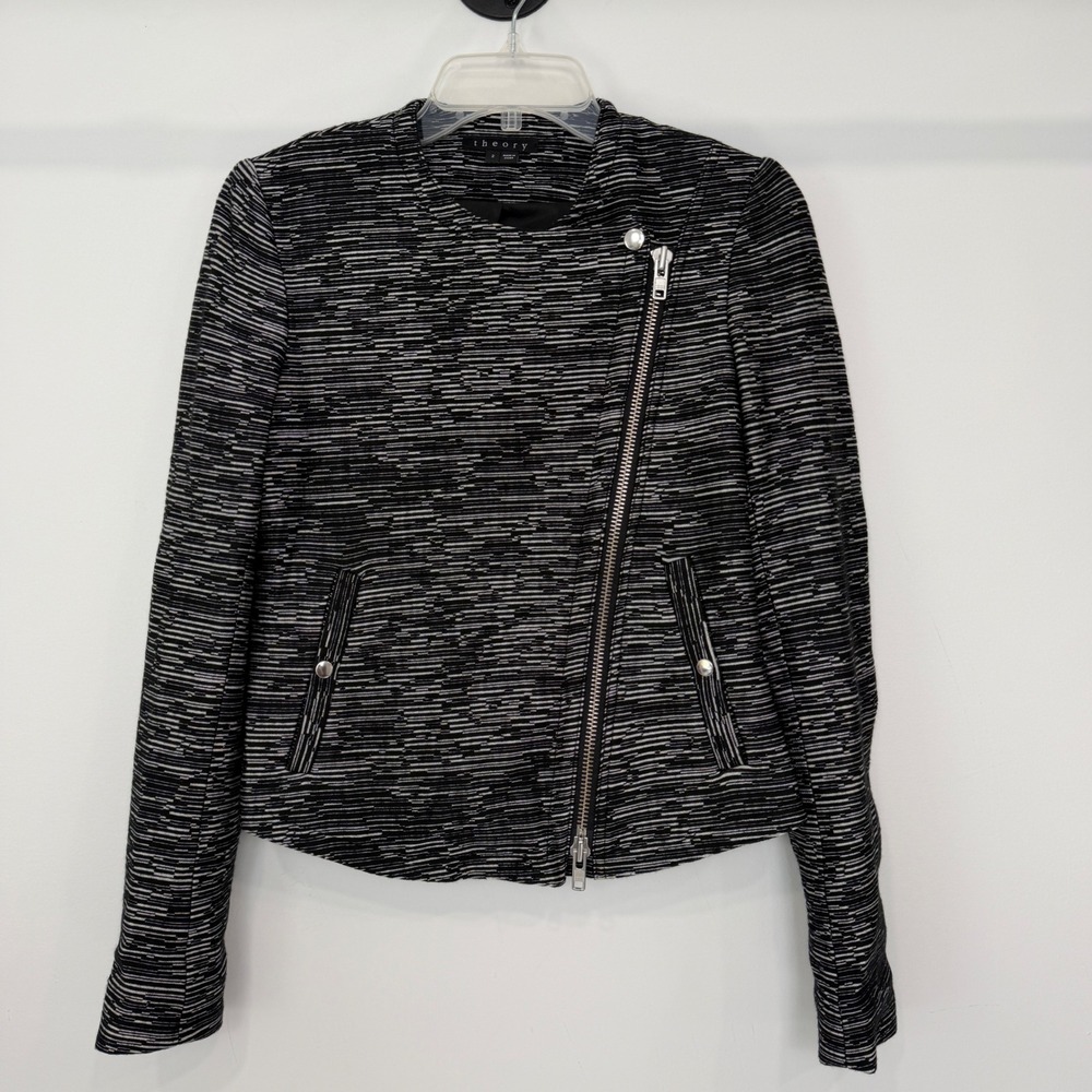 Theory Textured Knit Moto Jacket Leather Trim Peplum 2 Modern Minimalist